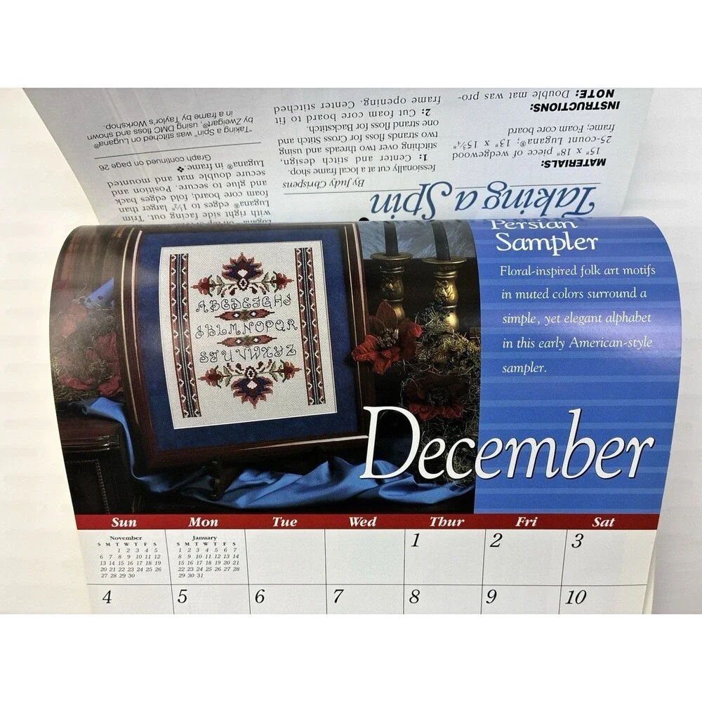 Calendar Cross Stitch 12 Patterns 1994 Rose Cat Daffodil Ballerina Car USA Bear